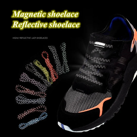 1Pair Reflective Magnetic Shoelaces Quick Locking Elastic No Tie Shoe Laces Adult Children Shoelace Sneakers Running Shoe Laces